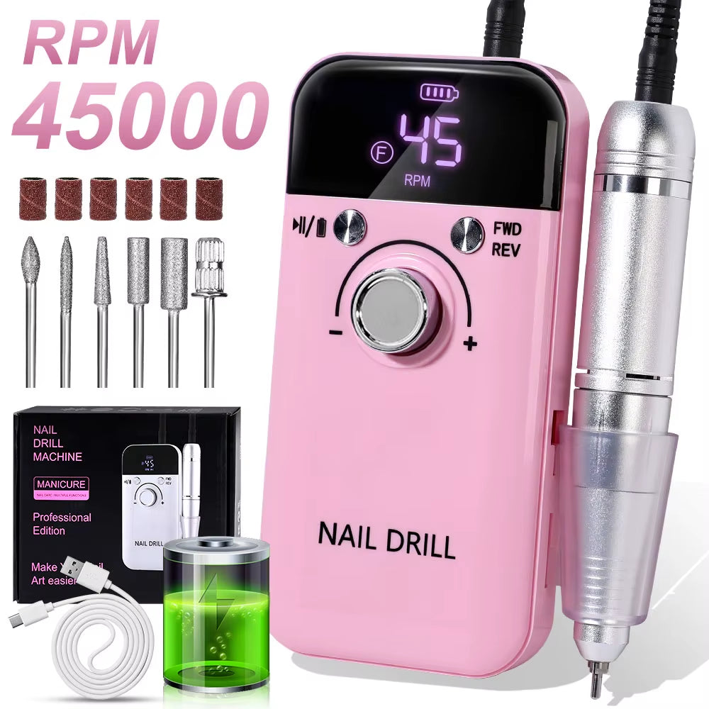 45000RPM Electric Nail Drill Machine Professional Nail Drills for Gel Nails Polish Rechargeable Portable Nail File Manicure Tool