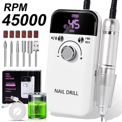 45000RPM Electric Nail Drill Machine Professional Nail Drills for Gel Nails Polish Rechargeable Portable Nail File Manicure Tool