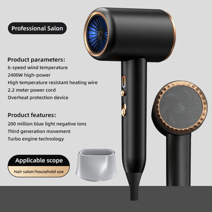 Professional Hair Dryer Hot Cold Wind Air Brush Hairdryer Negative Lonic Blow Dryer Strong Powerdryer Salon Tool 2400W 3Th Gear