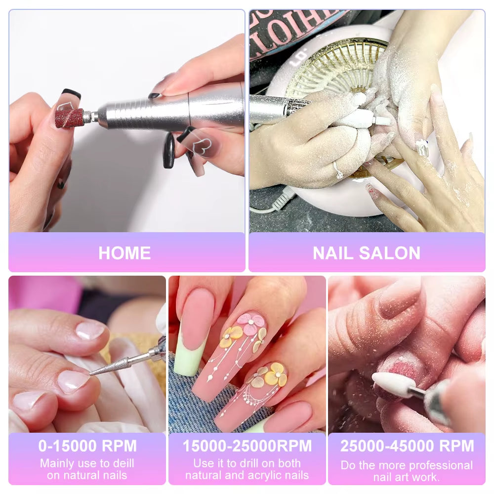 45000RPM Electric Nail Drill Machine Professional Nail Drills for Gel Nails Polish Rechargeable Portable Nail File Manicure Tool