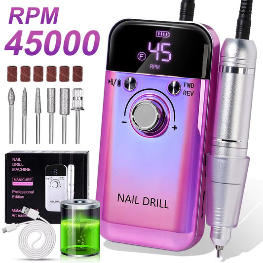 45000RPM Electric Nail Drill Machine Professional Nail Drills for Gel Nails Polish Rechargeable Portable Nail File Manicure Tool